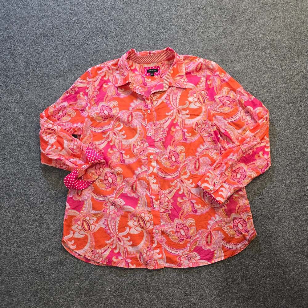 Talbots Top Womens Size XL Orange Pink Paisley Button Long Sleeve Casual Career
